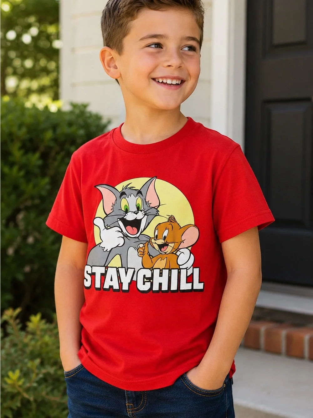 Red Short Sleeve Red with Tom & Jerry Graphic Tee size SMALL 6/7 NWT